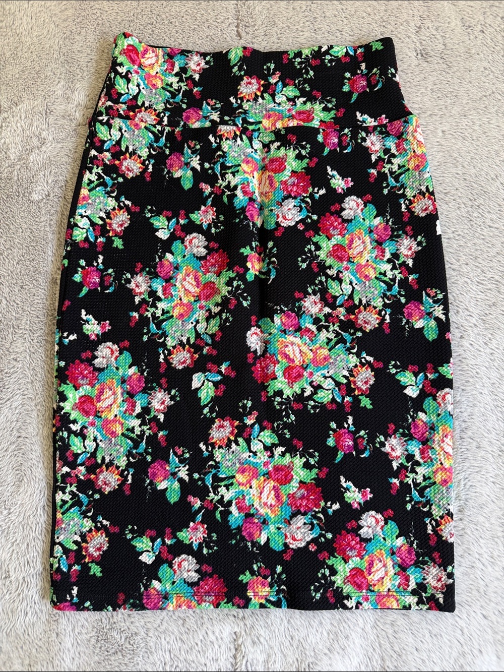 LuLaRoe Black Floral Pencil Skirt with Pink, Green & Yellow Accents - Picture 2 of 3